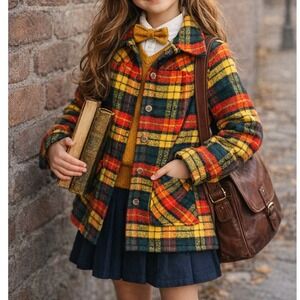 Vintage Kemington Express Kids Plaid Jacket Red Yellow Green Button Front L Coat